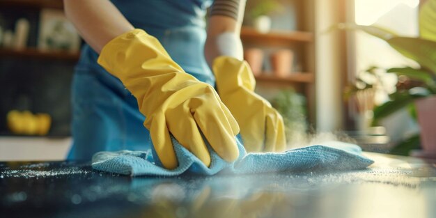 mujer limpiando la casa usando guantes IA generativa