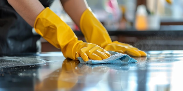 mujer limpiando la casa usando guantes IA generativa