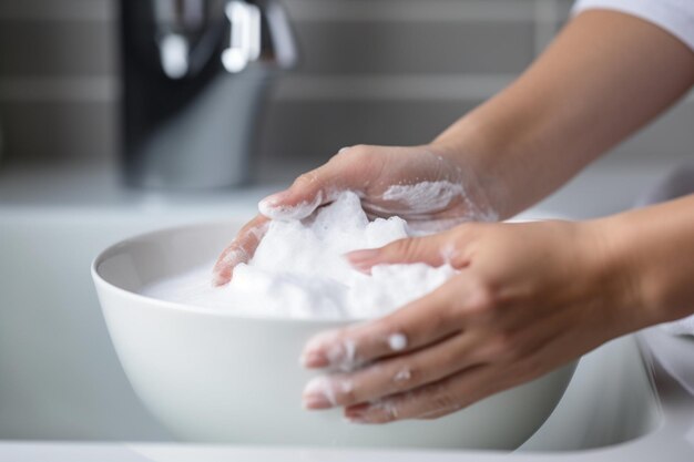 Mujer limpiando el fregadero de cerámica blanca con bicarbonato de sodio
