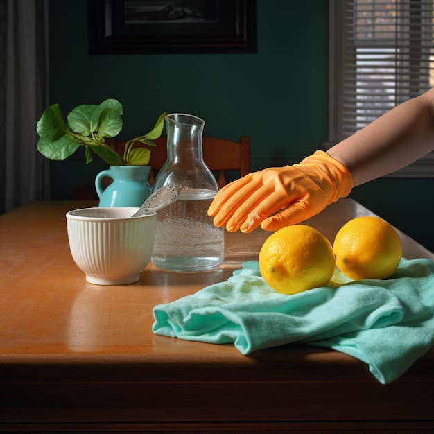 Foto mujer limpiando la mesa de la cocina en una casa