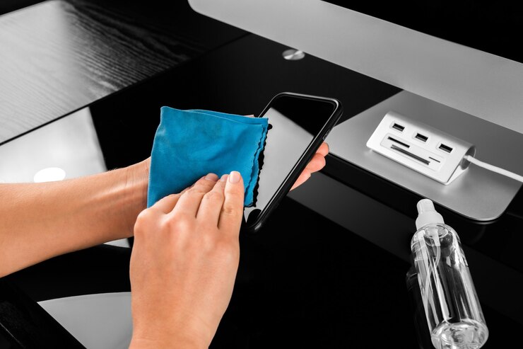 Mujer limpiando la pantalla del teléfono móvil con desinfectante en madera. Limpieza de la pantalla del teléfono inteligente para prevenir el virus corona Covid 19