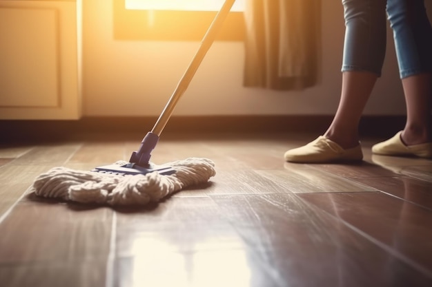 Mujer limpiando piso doméstico Generar Ai