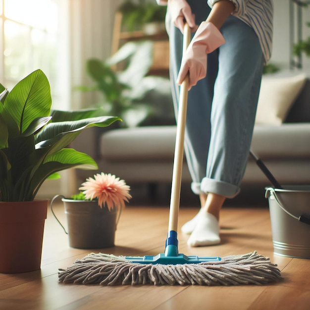 una mujer limpiando un piso de madera con una escoba y una planta en maceta