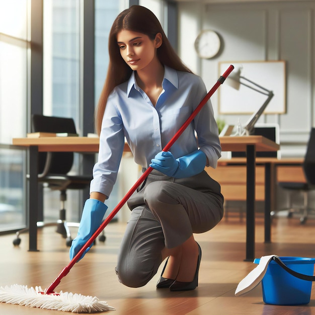 una mujer limpiando el piso con una manguera roja