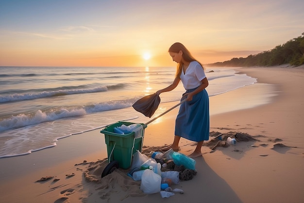 Foto una mujer está limpiando la playa con un cubo de basura