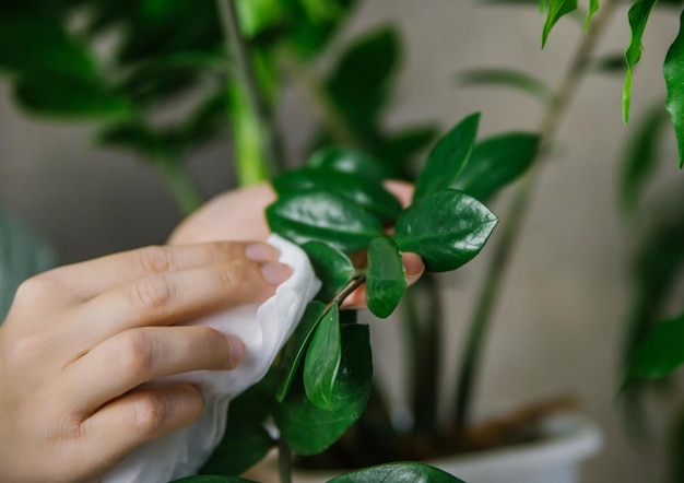 Una mujer limpiando el polvo doméstico de las hojas de las plantas de interior con un paño suave. Zamiokulkas es flor para el hogar.