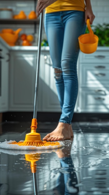 Foto mujer limpiando el suelo con un trapeador
