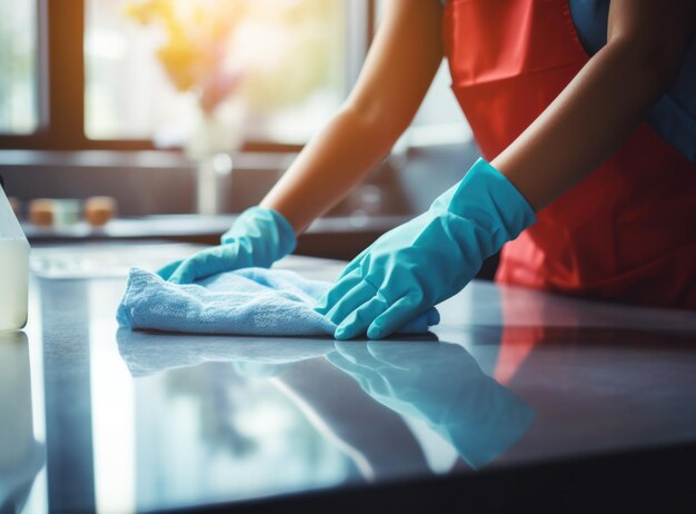 mujer de limpieza con guantes mesa limpia