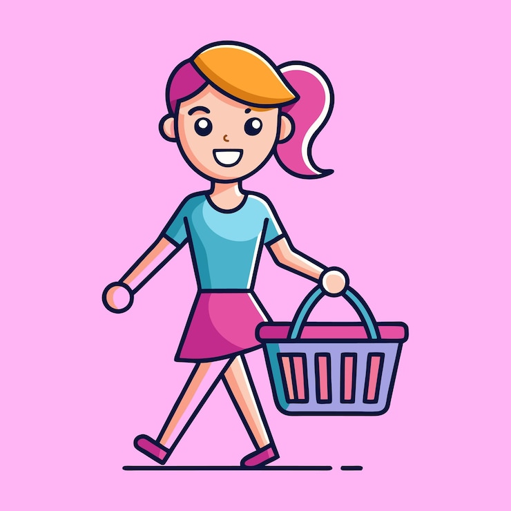 Foto mujer linda haciendo compras con bolsa y canasta ilustración vectorial de dibujos animados