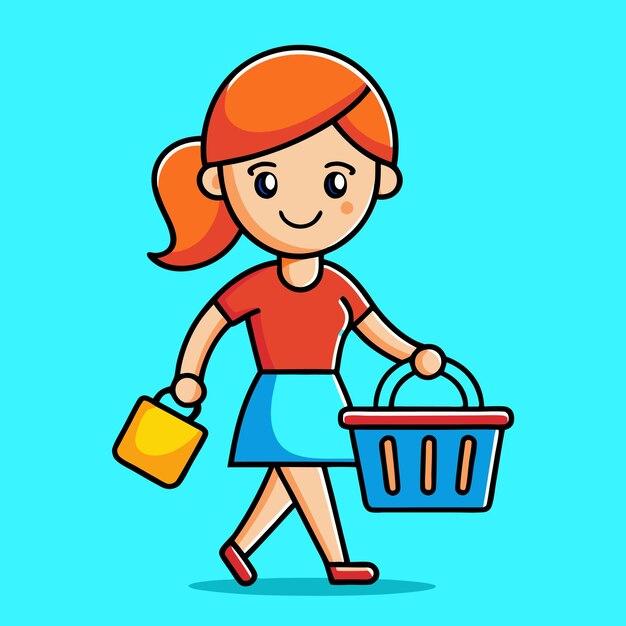 Mujer linda haciendo compras con bolsa y canasta Ilustración vectorial de dibujos animados