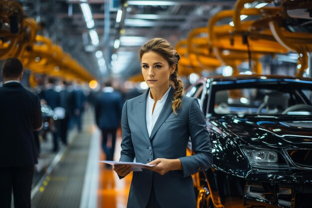 Foto una mujer linda, reparadora de automóviles, está de pie en el lugar de trabajo en la caja de trabajo.