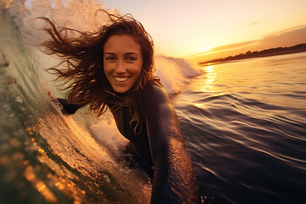 una mujer linda de surf sin esfuerzo montando una ola con una puesta de sol vibrante