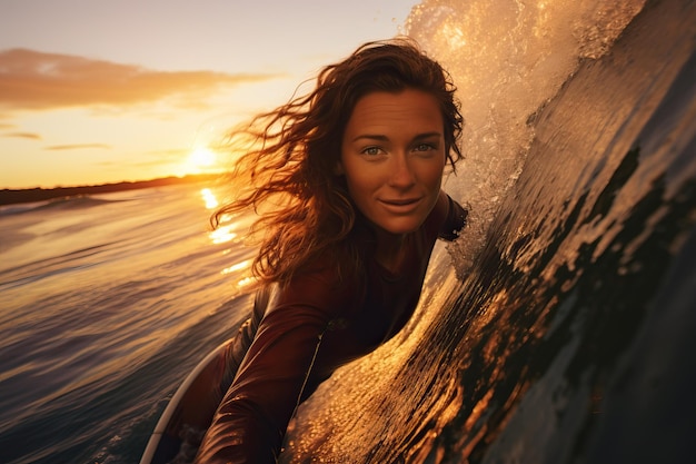 una mujer linda de surf sin esfuerzo montando una ola con una puesta de sol vibrante