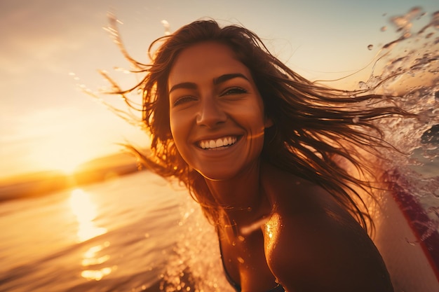 una mujer linda de surf sin esfuerzo montando una ola con una puesta de sol vibrante