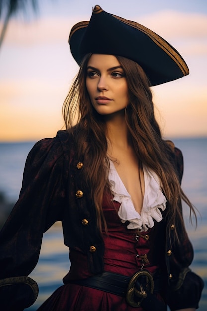 Foto una mujer linda vestida como una pirata.