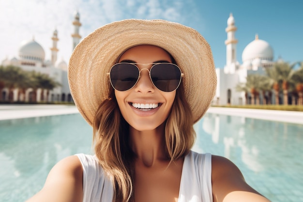 mujer lista para las vacaciones durante las vacaciones de eid mubarak tome selfie