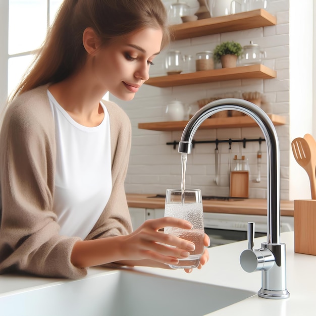 Mujer llenando un vaso con agua del grifo en una cocina blanca