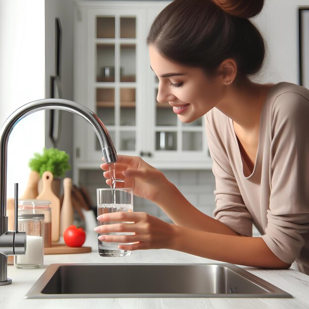 Mujer llenando un vaso con agua del grifo en una cocina blanca