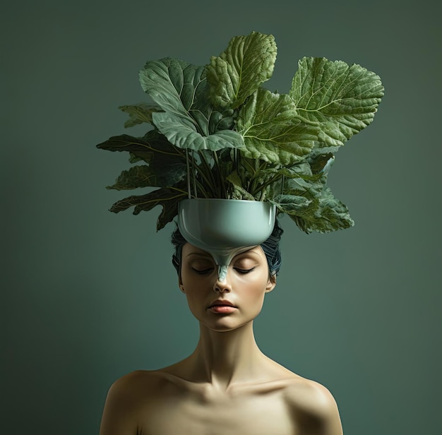 Foto una mujer lleva una cabeza 3d con una planta dentro de ella en el estilo de la composición surrealista