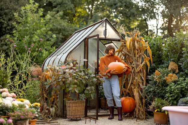 Mujer lleva calabaza en el jardín