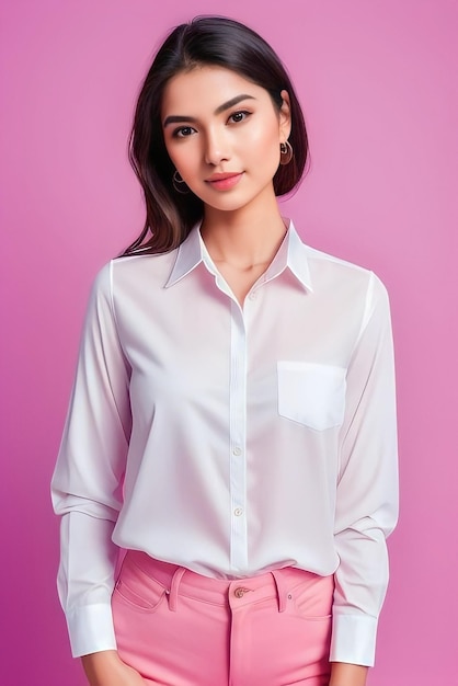 Foto la mujer lleva una camisa blanca con un fondo rosa sencillo