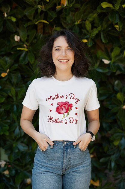 una mujer lleva una camisa blanca que dice día de la madre