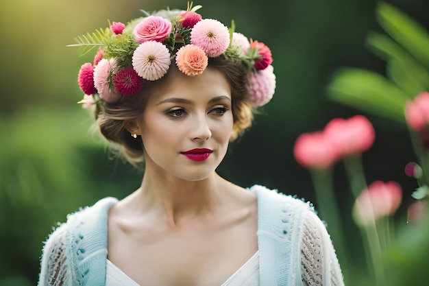 una mujer lleva una corona de flores con labios rojos.