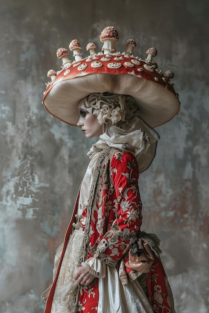 La mujer lleva un sombrero de hongo y un abrigo rojo vibrante