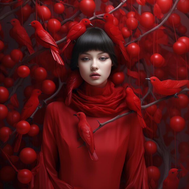 Foto la mujer lleva un soporte de tela roja con los pájaros rojos y las bolas rojas generativeai