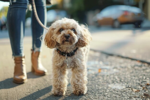 Una mujer lleva a su adorable perro a pasear por el parque de la calle