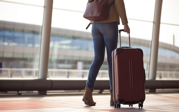 La mujer lleva su equipaje en la terminal del aeropuerto.