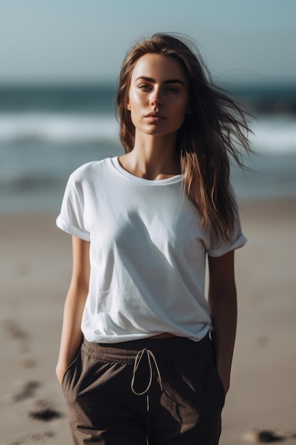 mujer, llevando, un, blanco, t, -, camiseta, en la playa