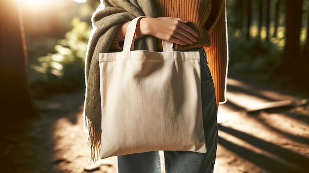 Mujer llevando una maqueta en blanco de una bolsa de tela blanca