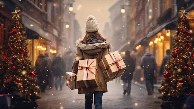 Mujer llevando regalos de Navidad caminando por la calle es Navidad