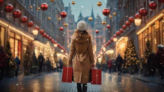 Mujer llevando regalos de Navidad caminando por la calle es Navidad