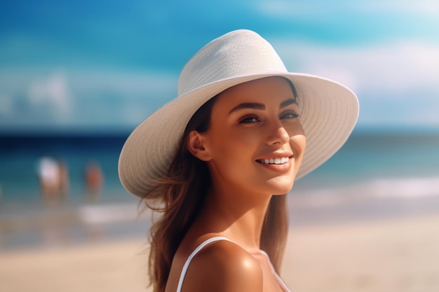 un, mujer, llevando, un, sombrero blanco, en, un, playa