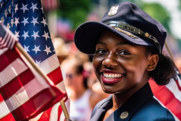 un, mujer, llevando, un, sombrero, tenencia, un, bandera americana