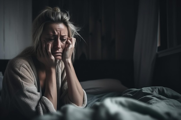 Una mujer llora en la cama en una habitación oscura.