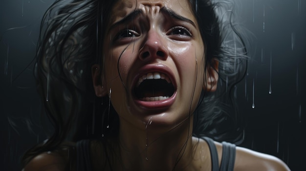 una mujer llorando con agua goteando de su cabello