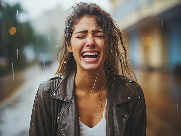 una mujer llorando bajo la lluvia