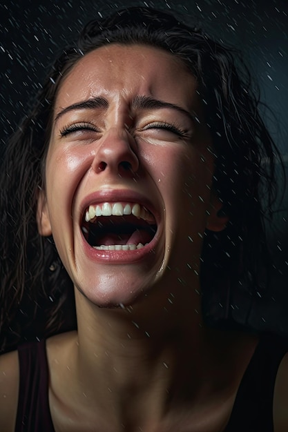 una mujer llorando bajo la lluvia