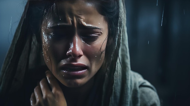 Mujer llorando bajo la lluvia