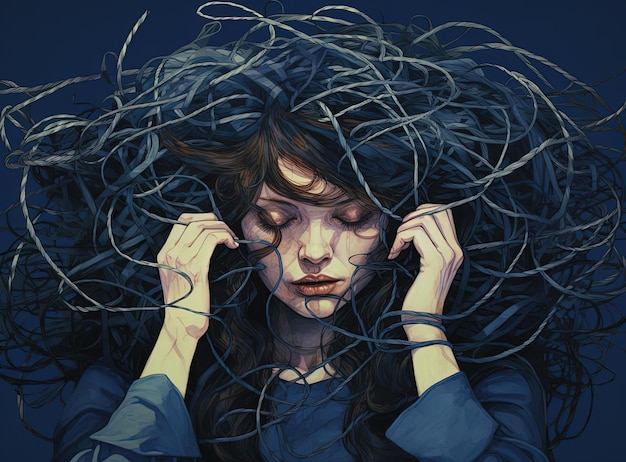 una mujer llorando en sus manos con ramas de hilo enredadas en el cabello en el estilo de fenómenos psicológicos