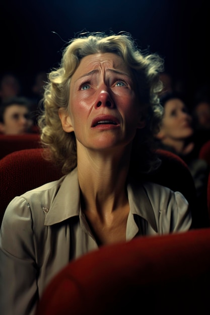 Foto mujer llorando viendo una película en el cine