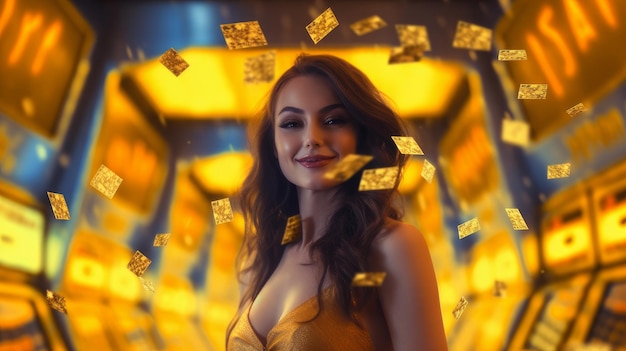 mujer y lluvia dorada de las ganancias del casino