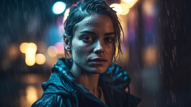 Una mujer se para bajo la lluvia frente a una farola.