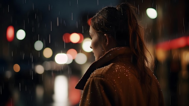 Una mujer se para bajo la lluvia frente a una farola.