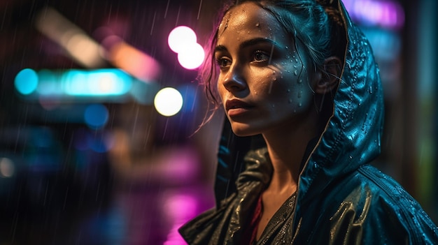 Una mujer se para bajo la lluvia frente a una luz de colores.