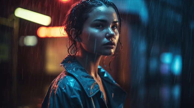 Una mujer se para bajo la lluvia frente a un semáforo en rojo.