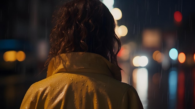 Una mujer se para bajo la lluvia con un impermeable amarillo.